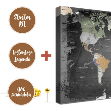 Bundle Leinwandbild - Weltkarte Graphit - Pinnwand 150x100 Luxus, Deutsch|Bundle Canvas Art - World Map Graphite - Pinboard 150x100 Luxus, German