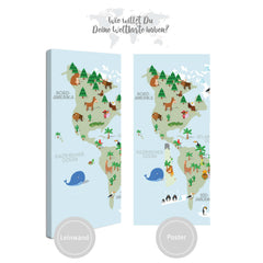 Weltkarte Kinder Hellblau - Tiere, Menschen, Sehenswürdigkeiten, Deutsch