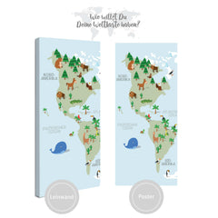 Weltkarte Kinder Hellblau - Tiere, Deutsch