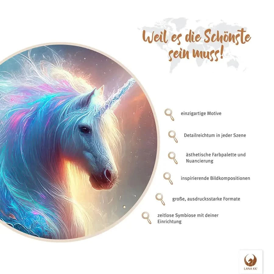 Deine Limited Edition Beauty of the Unicorn wartet nur darauf, deine heimische Galerie zu erweitern. Detailreich mit einer ästhetischen Fargebung und Nuancierung inspiriert es dich Tag für Tag. Die große aber zeitlose Erscheinung macht Beauty of the Unicorn zu deinem langjährigen Begleiter in deiner Wohnung. Lass dich von deiner Limited Edition immer wieder inspirieren.