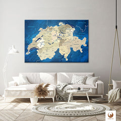Leinwandbild - Schweizkarte Blue Ocean - Pinnwand