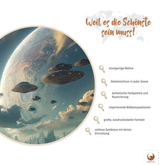 Deine Limited Edition Spaceship Excursion wartet nur darauf, deine heimische Galerie zu erweitern. Detailreich mit einer ästhetischen Fargebung und Nuancierung inspiriert es dich Tag für Tag. Die große aber zeitlose Erscheinung macht Spaceship Excursion zu deinem langjährigen Begleiter in deiner Wohnung. Lass dich von deiner Limited Edition immer wieder inspirieren.