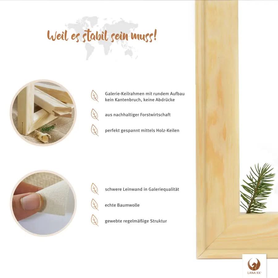 Deine Limited Edition Jungle Fever ist aus natürlichen Materialien handgefertigt. Der Galerie-Keilrahmen aus nachhaltiger Forstwirtschaft ermöglicht durch seinen abgerundeten Aufbau das Spannen ohne Kantenbrüche und Abdrücke. Die schwere Leinwand aus echter Baumwolle sorgt mit ihrer regelmäßigen Struktur für eine gleichbleibend hohe Galeriequalität. Deine Limited Edition ist nicht nur ein Wandbild, sondern ein Statement für Nachhaltigkeit und bewussten Stil in deinem Wohnraum.