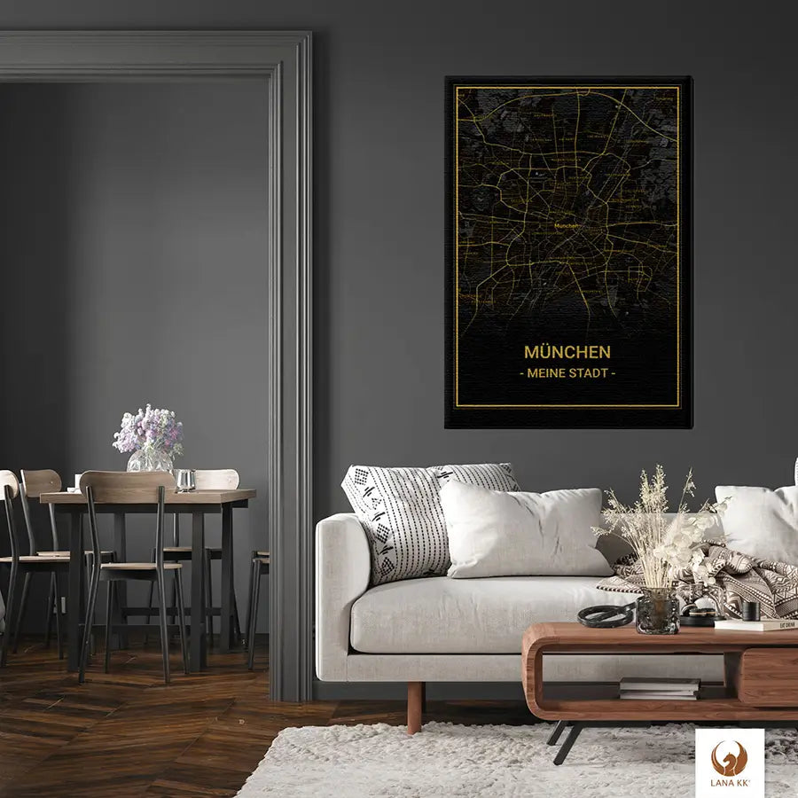 Deine schicke Städtekarte München Noir als Poster verleiht deinem modern eingerichteten Raum einen Hauch von Weltenbummler-Charme. Deine Städtekarte als Poster in einem eleganten Rahmen, ist nicht nur eine stilvolle Deko, sondern auch eine Einladung, von deinen nächsten Reisen zu träumen. Deine Städtekarte passt perfekt über dein Sideboard und bringt eine Welt voller Möglichkeiten direkt in dein Zuhause.