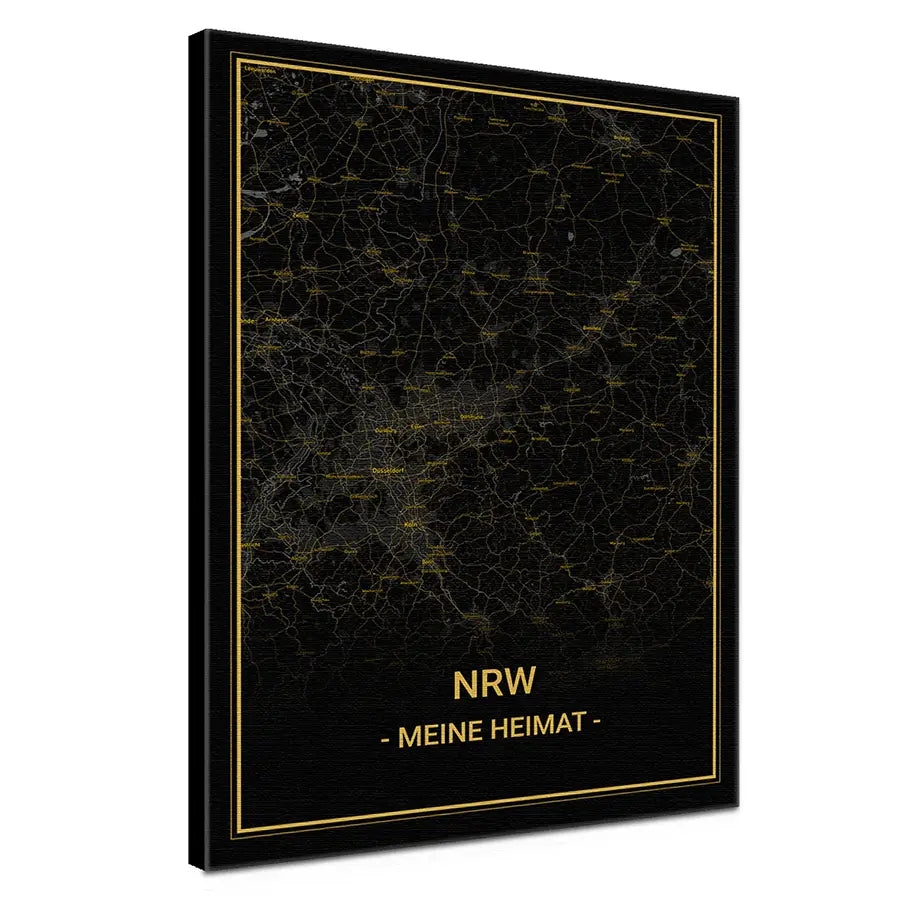 Belebe deine Räume mit der Städtekarte NRW Noir in der Premium-Edition. Gedruckt auf matter Baumwoll-Leinwand mit einem Gewicht von 320 g/m² und gespannt auf einen 2 cm tiefen Keilrahmen, setzt sie in jedem Raum ein stilvolles Highlight. Die Verwendung von umweltfreundlichen, wasserbasierten und vollständig abbaubaren Tinten sowie UV-beständigen Farben gewährleistet, dass die lebendigen Farben deiner Karte mindestens 75 Jahre strahlen.