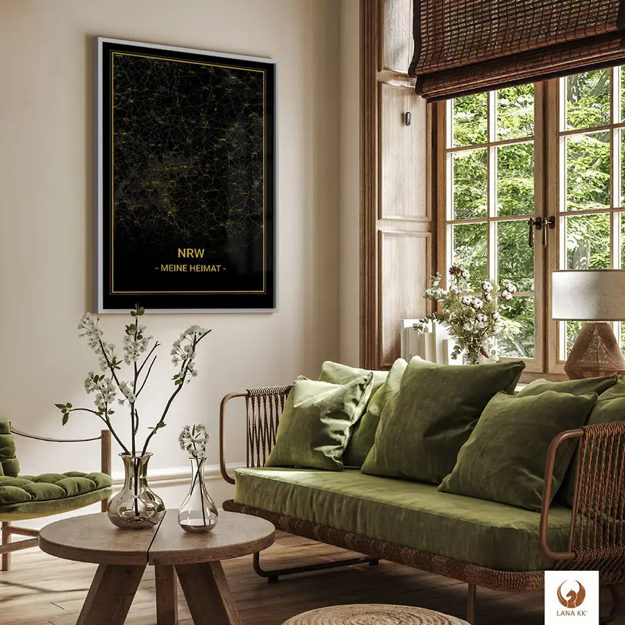 Sieh dir deine elegante Städtekarte NRW als Leinwandbild an der Wand an. Deine Städtekarte verleiht dem modernen Wohnzimmer einen Hauch von Klasse. Die goldgelben Linien auf dunklem Hintergrund skizzieren NRW, deine Stadt, und setzen ein markantes visuelles Statement. Es harmoniert wunderbar mit dem schlichten Chic des Raumes, vom Sofa bis zum Esstisch.