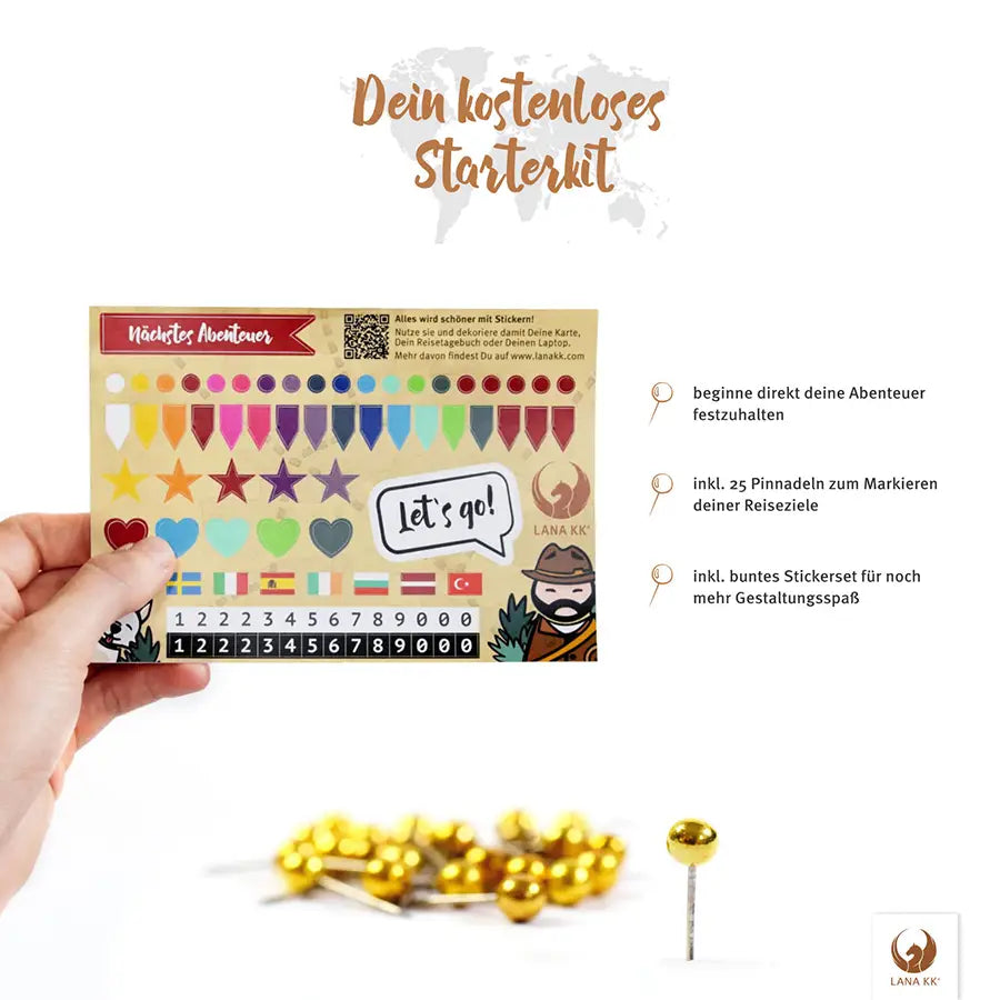 Dein kostenloses Starterkit zu deiner World Map White, ermöglich es dir sofort mit dem Festhalten deiner Abenteuer zu beginnen. Das liebevoll gestaltete, bunte Stickerset, besteht aus verschiedenen Symbolen, Flaggen und Zahlen, um Deine Reiseerlebnisse individuell zu markieren. Außerdem erhältst du 25 goldene Pinnadeln, die deine besuchten Reisen markieren werden. Dein Starterkit bietet dir eine spielerische Möglichkeit deine Pinnwand zu personalisieren und deine Erinnerungen lebendig zu halten.