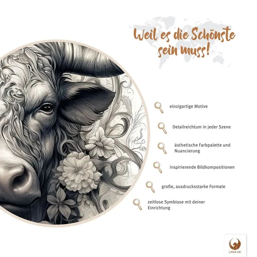 Deine Limited Edition Taurus wartet nur darauf, deine heimische Galerie zu erweitern. Detailreich mit einer ästhetischen Fargebung und Nuancierung inspiriert es dich Tag für Tag. Die große aber zeitlose Erscheinung macht Taurus zu deinem langjährigen Begleiter in deiner Wohnung. Lass dich von deiner Limited Edition immer wieder inspirieren.