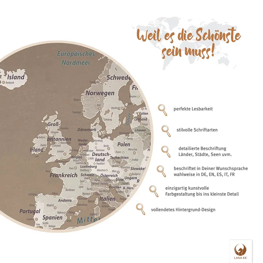 Weil es die Schönste sein muss! Deine Weltkarte Hazel besticht mit perfekter Lesbarkeit, Detailreichtum und vollendetem Hintergrund-Design.