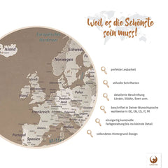 Weil es die Schönste sein muss! Deine Weltkarte Hazel besticht mit perfekter Lesbarkeit, Detailreichtum und vollendetem Hintergrund-Design.