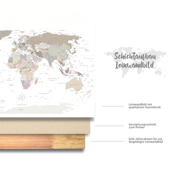 Bundle Slim Line Leinwandbild - World Map White - Pinnwand 100x70, Deutsch