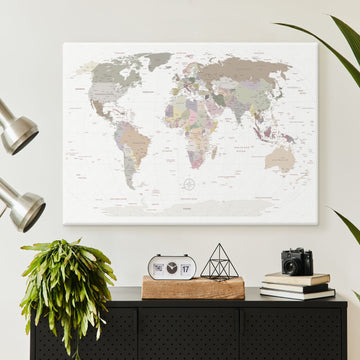 Bundle Slim Line Leinwandbild - World Map White - Pinnwand 100x70, Deutsch