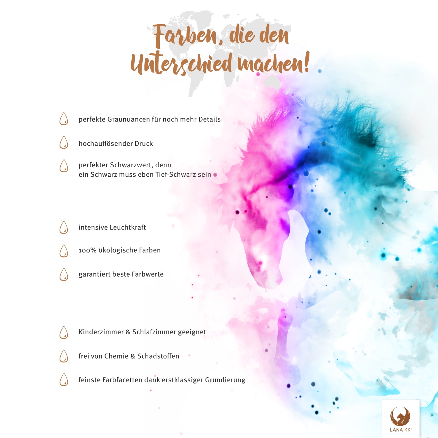 Farben, die den Unterschied machen! Deine Weltkarte Blue Ocean besticht mit erstklassigem Druck, leuchtenden Farben und ist dabei vollkommen frei von Chemie und Farbstoffen.