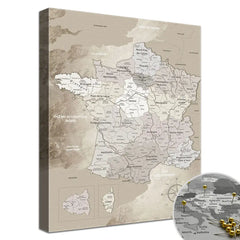 Leinwandbild - Frankreichkarte Beige  - Pinnwand