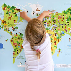 Weltkarte Kinder Bunt - Tiere, Menschen, Sehenswürdigkeiten, Deutsch