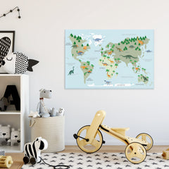 Weltkarte Kinder Hellblau - Dinosaurier, Deutsch