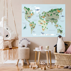 Weltkarte Kinder Hellblau - Dinosaurier, Deutsch