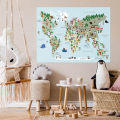 Weltkarte Kinder Hellblau - Tiere, Menschen, Sehenswürdigkeiten, Deutsch