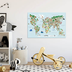 Weltkarte Kinder Hellblau - Tiere, Menschen, Sehenswürdigkeiten, Deutsch