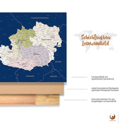 Dank vormontierter Zackenaufhänger kannst Du Deine Österreichkarte Blau direkt an die Wand bringen und mit dem Pinnen loslegen.