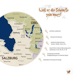 Weil es die Schönste sein muss! Deine Österreichkarte Blau besticht mit perfekter Lesbarkeit, Detailreichtum und vollendetem Hintergrund-Design.