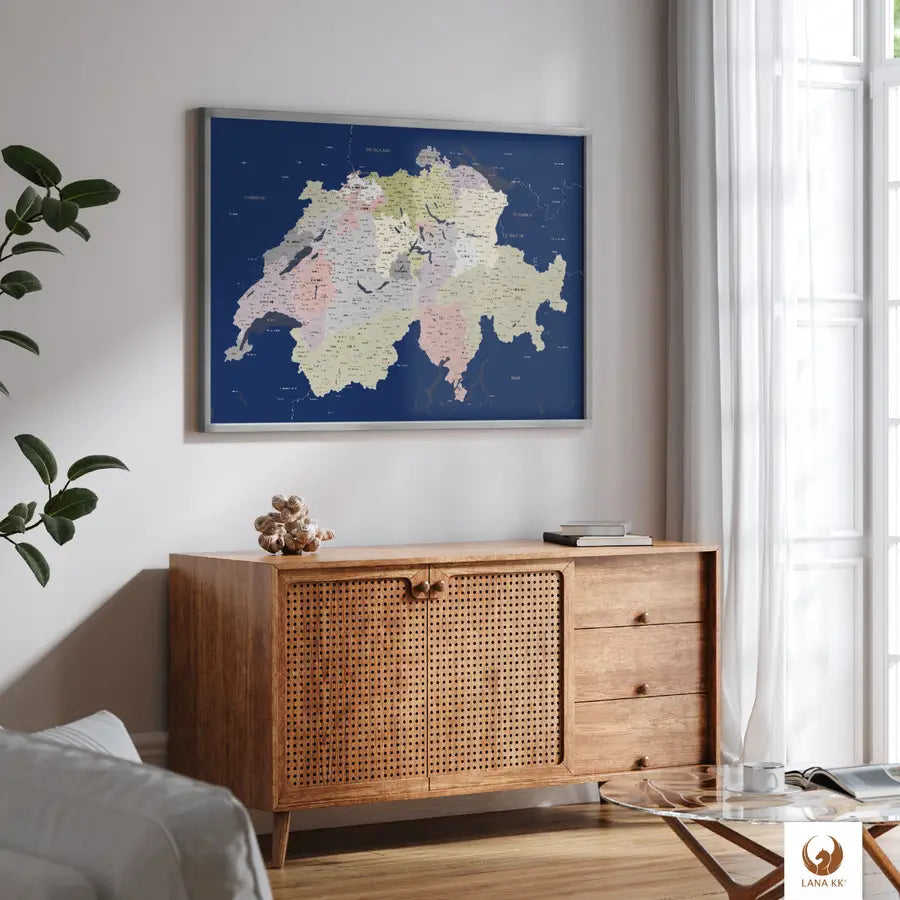 Um Deiner Schweizkarte Blau einen noch edleren Eindruck zu verpassen ist diese auch mit einem Rahmen erhältlich.