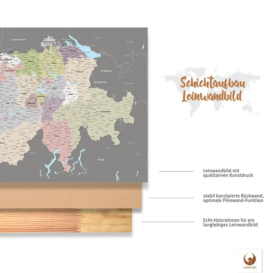 Dank vormontierter Zackenaufhänger kannst Du Deine Schweizkarte Graphit Grau direkt an die Wand bringen und mit dem Pinnen loslegen.