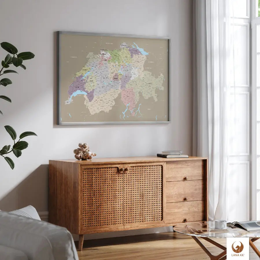 Um Deiner Schweizkarte Blau einen noch edleren Eindruck zu verpassen ist diese auch mit einem Rahmen erhältlich.