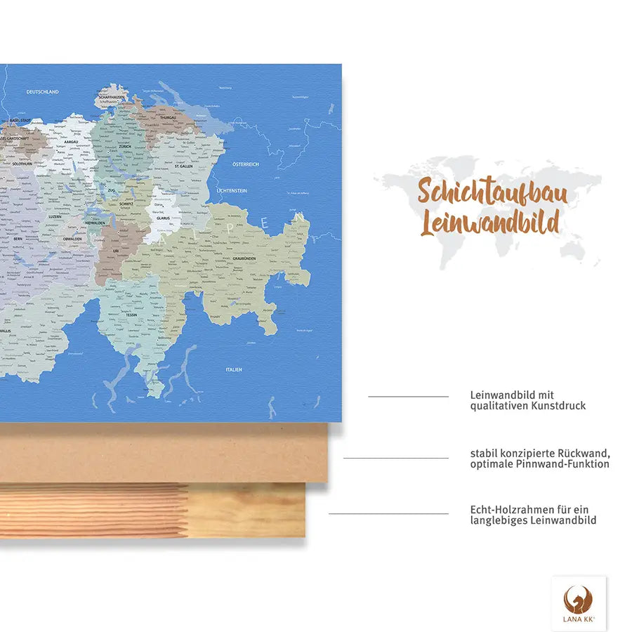 Dank vormontierter Zackenaufhänger kannst Du Deine Schweizkarte Hellblau direkt an die Wand bringen und mit dem Pinnen loslegen.