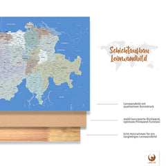 Dank vormontierter Zackenaufhänger kannst Du Deine Schweizkarte Hellblau direkt an die Wand bringen und mit dem Pinnen loslegen.