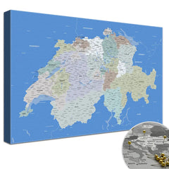 Leinwandbild - Schweizkarte Hellblau - Pinnwand