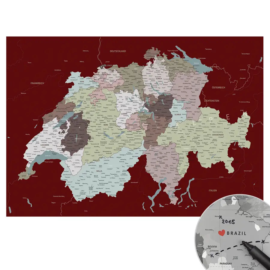 Deine Schweizkarte Kolonialrot als stilvolles Poster.