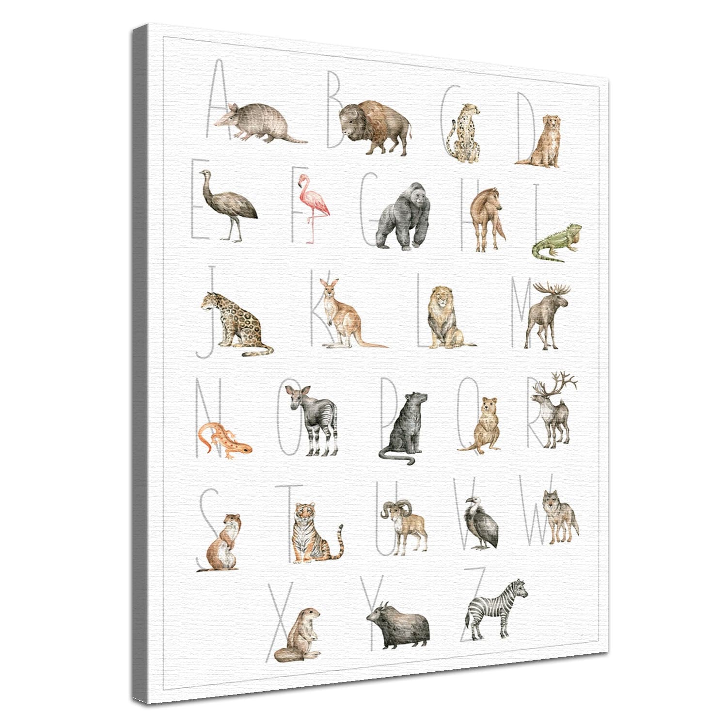 Dein Tierwelt Alphabet Motiv als edle Leinwand mit natürlicher Baumwolle und nachhaltigen Holzrahmen.