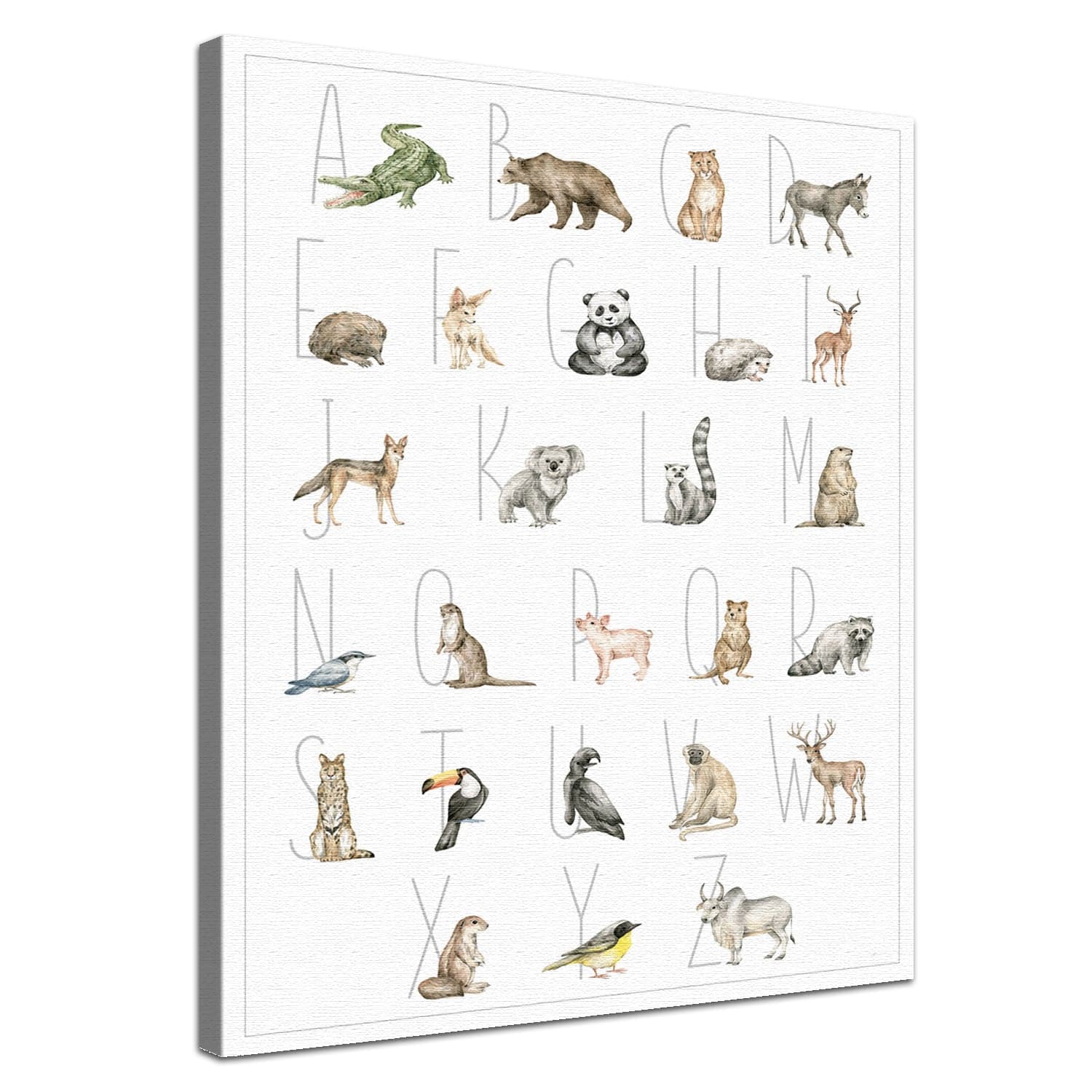 Dein Tierwelt Alphabet Motiv als edle Leinwand mit natürlicher Baumwolle und nachhaltigen Holzrahmen.