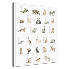 Dein Tierwelt Alphabet Motiv als edle Leinwand mit natürlicher Baumwolle und nachhaltigen Holzrahmen.