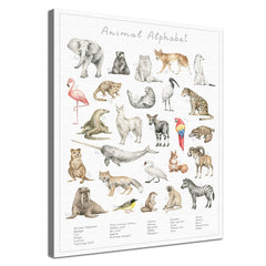 Dein Tierwelt Alphabet Motiv als edle Leinwand mit natürlicher Baumwolle und nachhaltigen Holzrahmen.