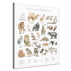 Dein Tierwelt Alphabet Motiv als edle Leinwand mit natürlicher Baumwolle und nachhaltigen Holzrahmen.