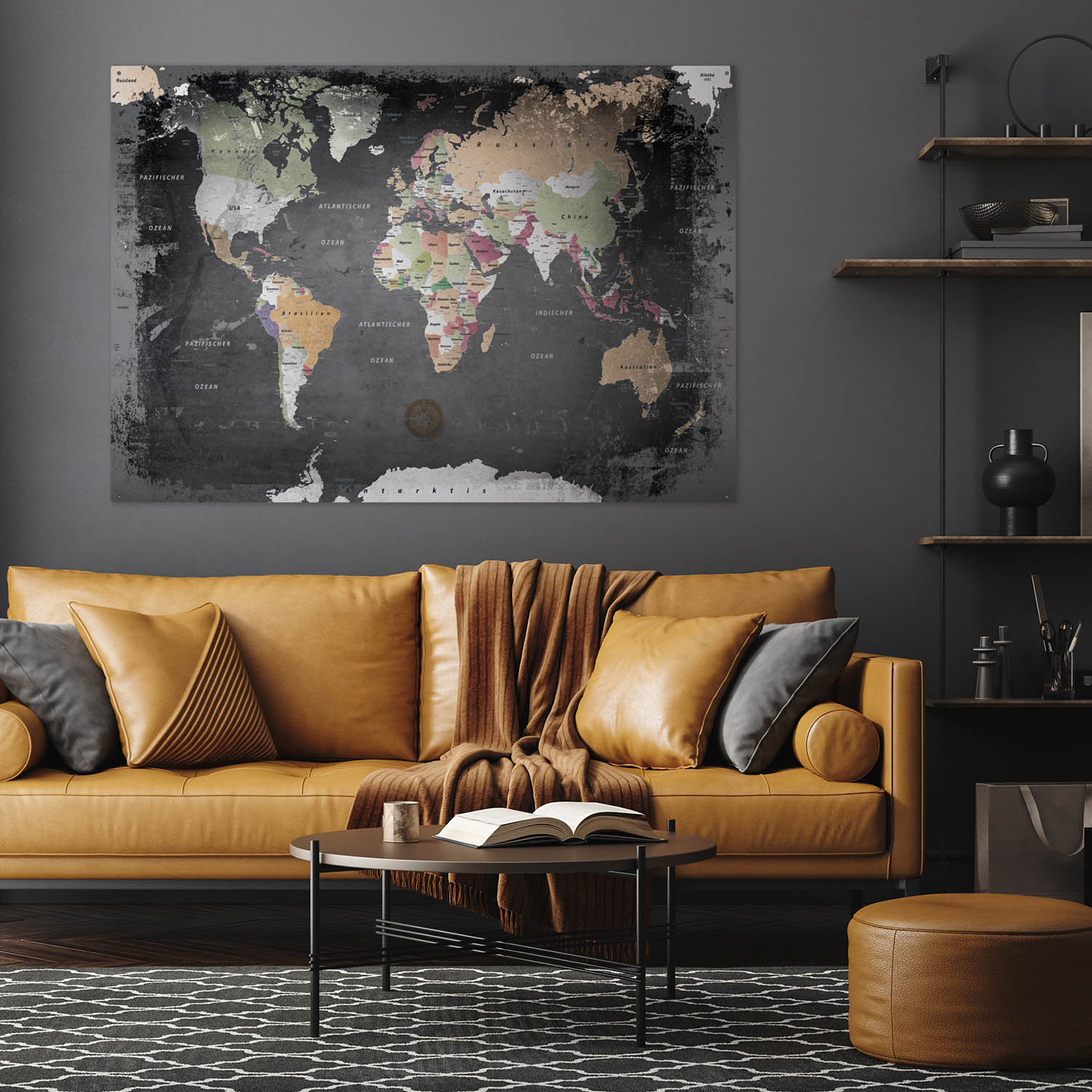 Deine Weltkarte Graphit als Blechschild passt perfekt in jedes Wohnzimmer, Flur oder Arbeitszimmer.