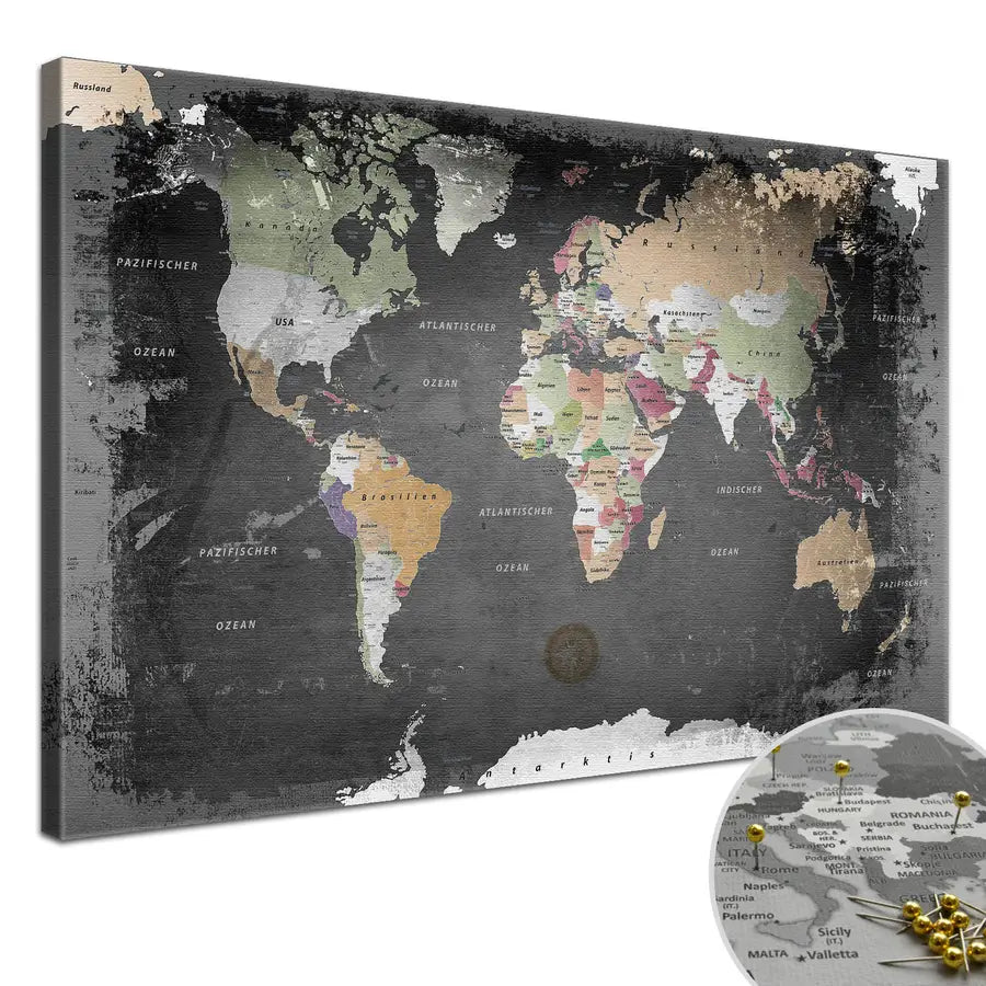 Leinwandbild - Weltkarte Bild Graphit - Weltkarte Pinnwand - 🇩🇪 - 🇬🇧 -  🇫🇷 – Lana KK®