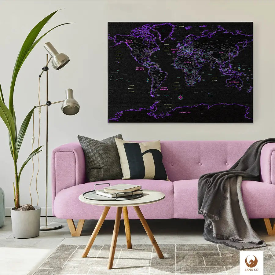 Egal in welchen Raum Du Deine Weltkarte Neon platzierst, sie wird immer die Blicke auf sich ziehen.