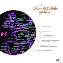 Deine Weltkarte Neon als Poster wartet darauf, mit deinen Erinnerungen gefüllt zu werden. Mit perfekter Lesbarkeit und stilvollen Schriftarten ist sie schön und ideal zur Reiseplanung. Jedes Land, jede Stadt und die dazugehörigen Gewässer sind mit Liebe zum Detail beschrieben. Du hast die Wahl deiner bevorzugten Sprache - auf Deutsch, Englisch, Spanisch, Italienisch oder Französisch.