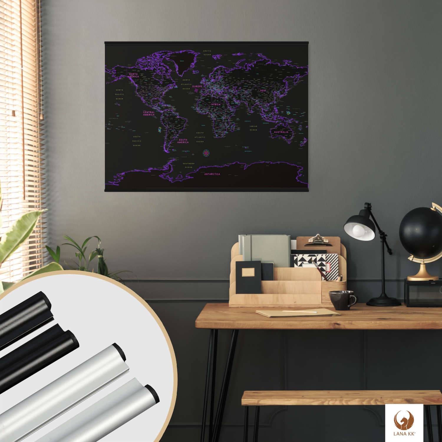 In deinem stilvollen Arbeitszimmer findet deine Weltkarte Neon als Poster den perfekten Platz. Sie ist nicht nur ein Dekorationsstück, sondern lässt deine Reisen immer wieder lebendig werden. Markiere mit Stickern und klebe kleinen Fotos an als interaktive Chronik deiner Abenteuer. Mit Posterschienen kannst du schick und super einfach deine Weltkarte als Poster an die Wand hängen.
