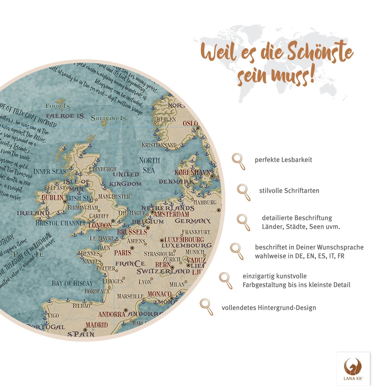 Deine Piratenkarte Sparrow als Poster wartet darauf, mit deinen Erinnerungen gefüllt zu werden. Mit perfekter Lesbarkeit und stilvollen Schriftarten ist sie schön und ideal zur Reiseplanung. Jedes Land, jede Stadt und die dazugehörigen Gewässer sind mit Liebe zum Detail beschrieben. Du hast die Wahl deiner bevorzugten Sprache - auf Deutsch, Englisch, Spanisch, Italienisch oder Französisch.