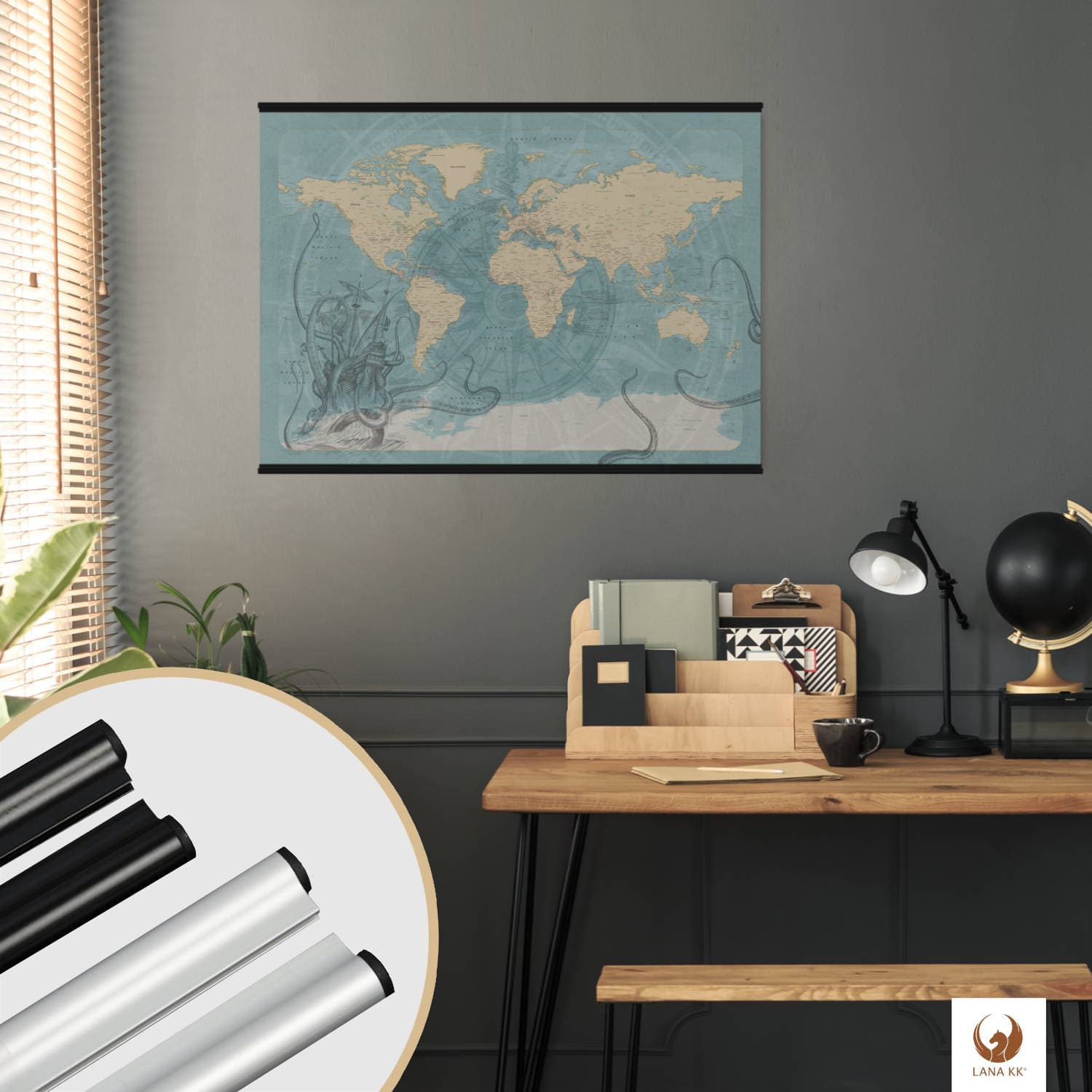 In deinem stilvollen Arbeitszimmer findet deine Piratenkarte Sparrow als Poster den perfekten Platz. Sie ist nicht nur ein Dekorationsstück, sondern lässt deine Reisen immer wieder lebendig werden. Markiere mit Stickern und klebe kleinen Fotos an als interaktive Chronik deiner Abenteuer. Mit Posterschienen kannst du schick und super einfach deine Weltkarte als Poster an die Wand hängen.