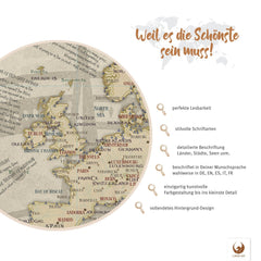 Deine Piratenkarte Teague als Poster wartet darauf, mit deinen Erinnerungen gefüllt zu werden. Mit perfekter Lesbarkeit und stilvollen Schriftarten ist sie schön und ideal zur Reiseplanung. Jedes Land, jede Stadt und die dazugehörigen Gewässer sind mit Liebe zum Detail beschrieben. Du hast die Wahl deiner bevorzugten Sprache - auf Deutsch, Englisch, Spanisch, Italienisch oder Französisch.