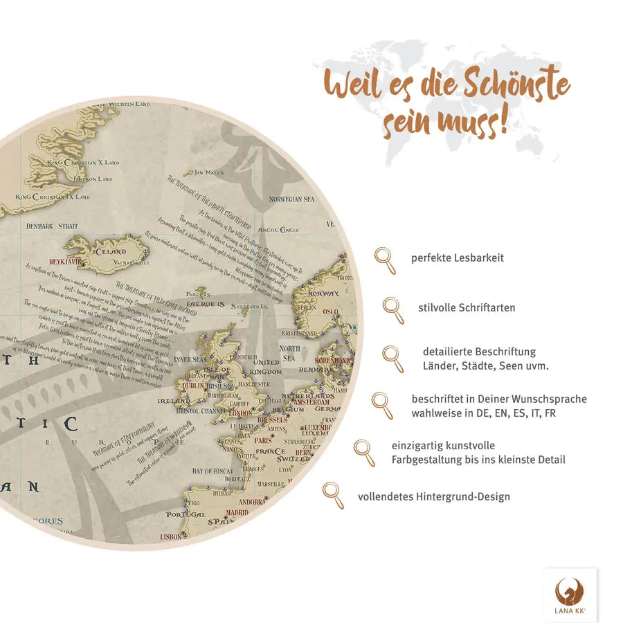 Weil es die Schönste sein muss! Deine Piratenkarte Teague besticht mit perfekter Lesbarkeit, Detailreichtum und vollendetem Hintergrund-Design.