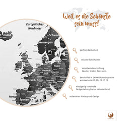 Weil es die Schönste sein muss! Deine Weltkarte SW Hell besticht mit perfekter Lesbarkeit, Detailreichtum und vollendetem Hintergrund-Design.