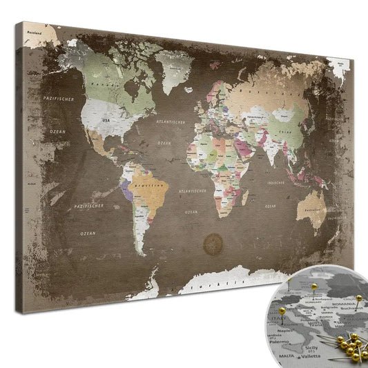 Deine Weltkarte Used als Premiumleinwand mit 2 cm breiten Rahmen.