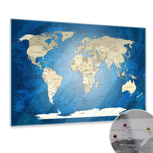 Magnetisches Glasbild - World Map Blue Ocean