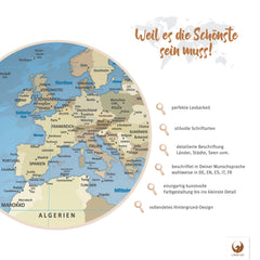 Weil es die Schönste sein muss! Deine Weltkarte Blue Ocean besticht mit perfekter Lesbarkeit, Detailreichtum und vollendetem Hintergrund-Design.